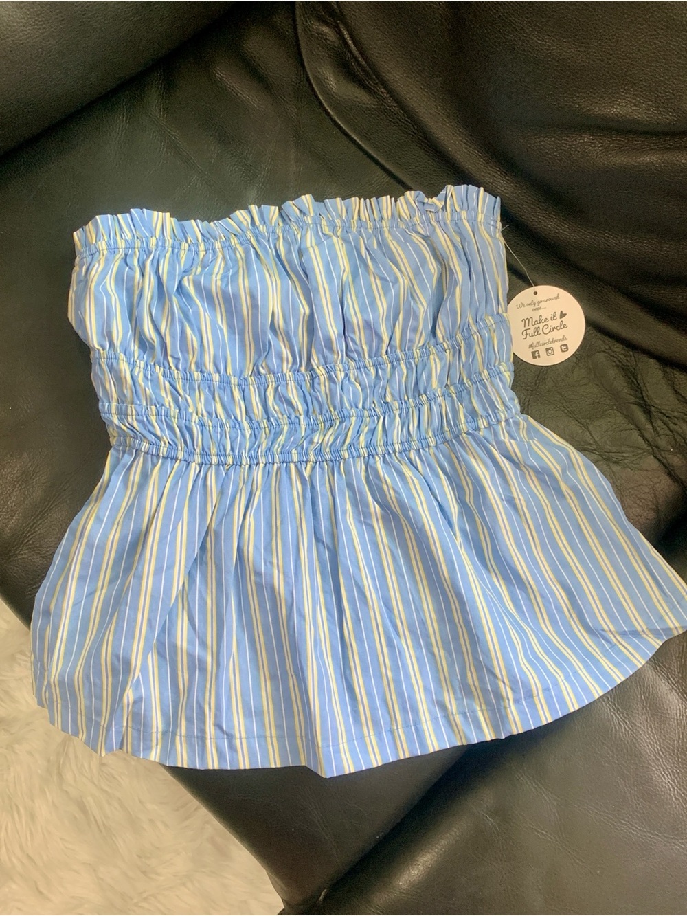 Smocked Strapless Peplum Blouse in Light Blue Stripe